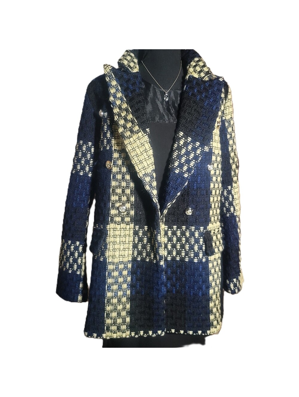 Plaid Textured Women's Jacket in Navy & Cream - Lined - Size L Classic Cottage